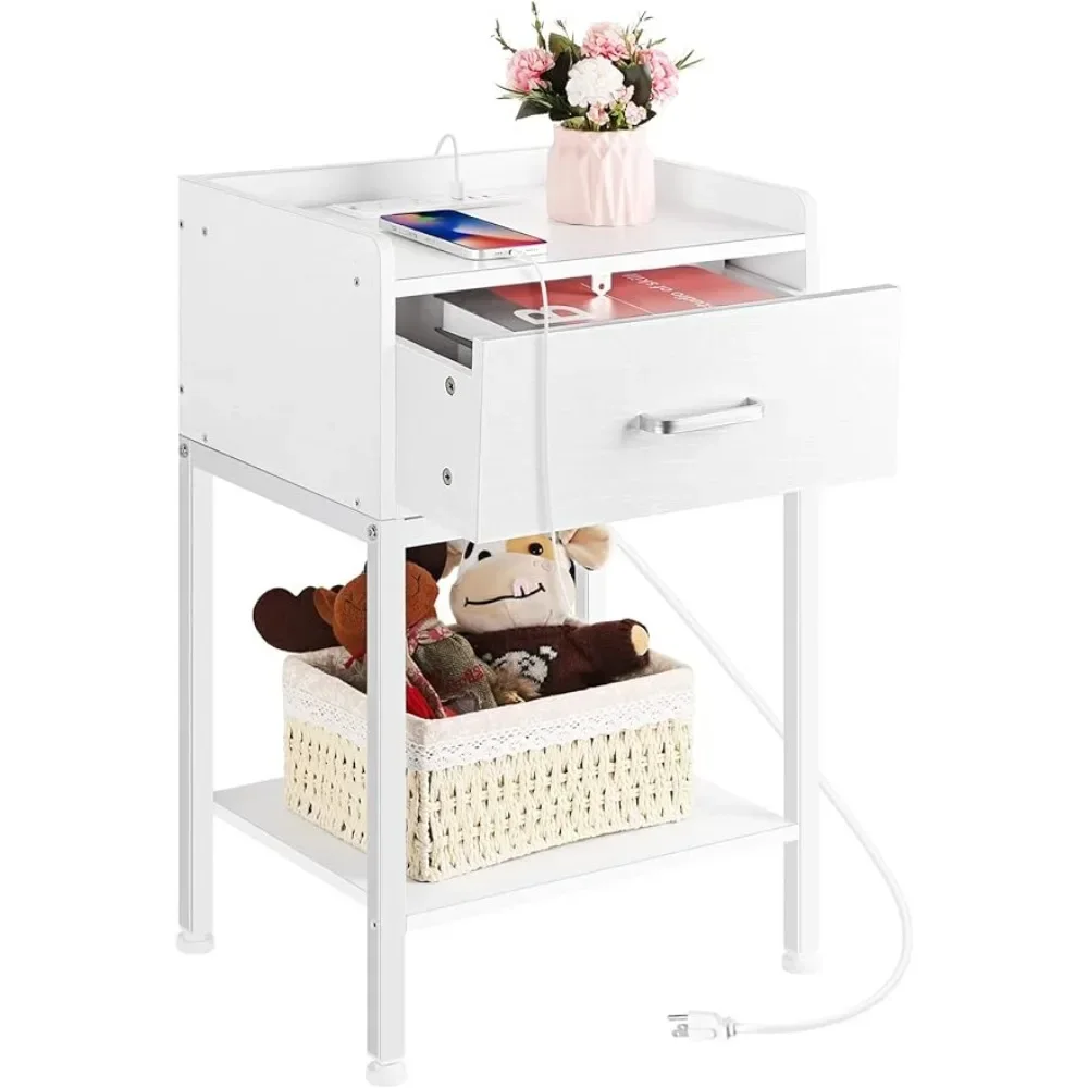 Nightstand with Charging Station 2-Tier, Side Tables Bedroom with Drawer Small, White, Bedside Table with USB Ports and Outlets