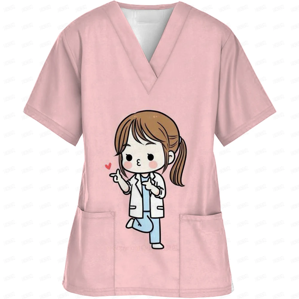 Women\'s T-Shirt Female nurse injected Print Top V-Neck Female Veterinary Nurse Uniform Short-Sleeved Double Pocket V Neck Scrub