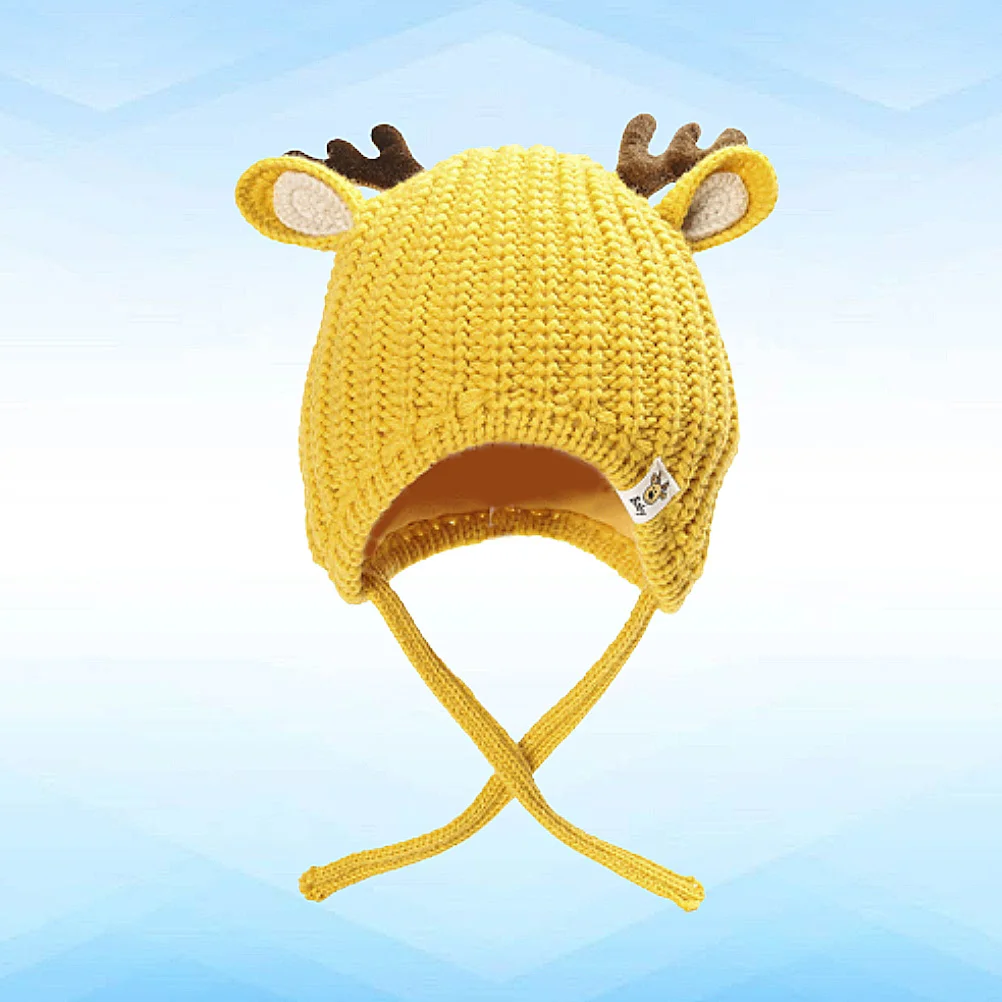 

Children Winter Kids Antler Woolen Cap Yellow 1-5 Years Old Warm Knitted Crochet Christmas Hat Baby Knitted Hat