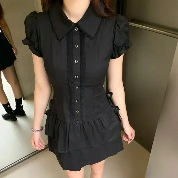 Y2k vintage camisa de renda preta vestido para mulheres cintura fina vestidos all-match 2025 verão nova manga curta vestidos de mujer
