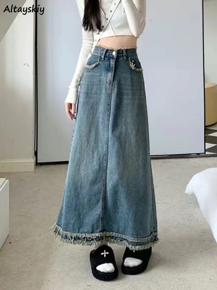 

Юбки-миди женские винтажные с кисточками High Street повседневные S-5XL весенние трапециевидные Ulzzang женские ампирные изящные джинсовые простые универсальные