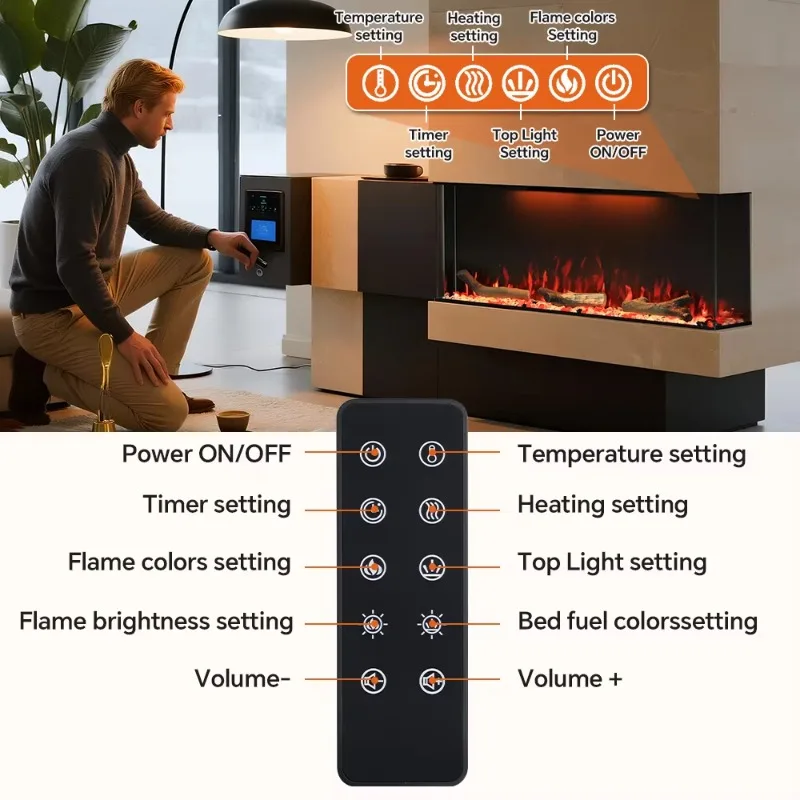 Modern Style 3 Sided Electric Fireplace Smart Control Tempered Glass 400 SQ FT Heating Class Energy Efficiency Built-In Heater