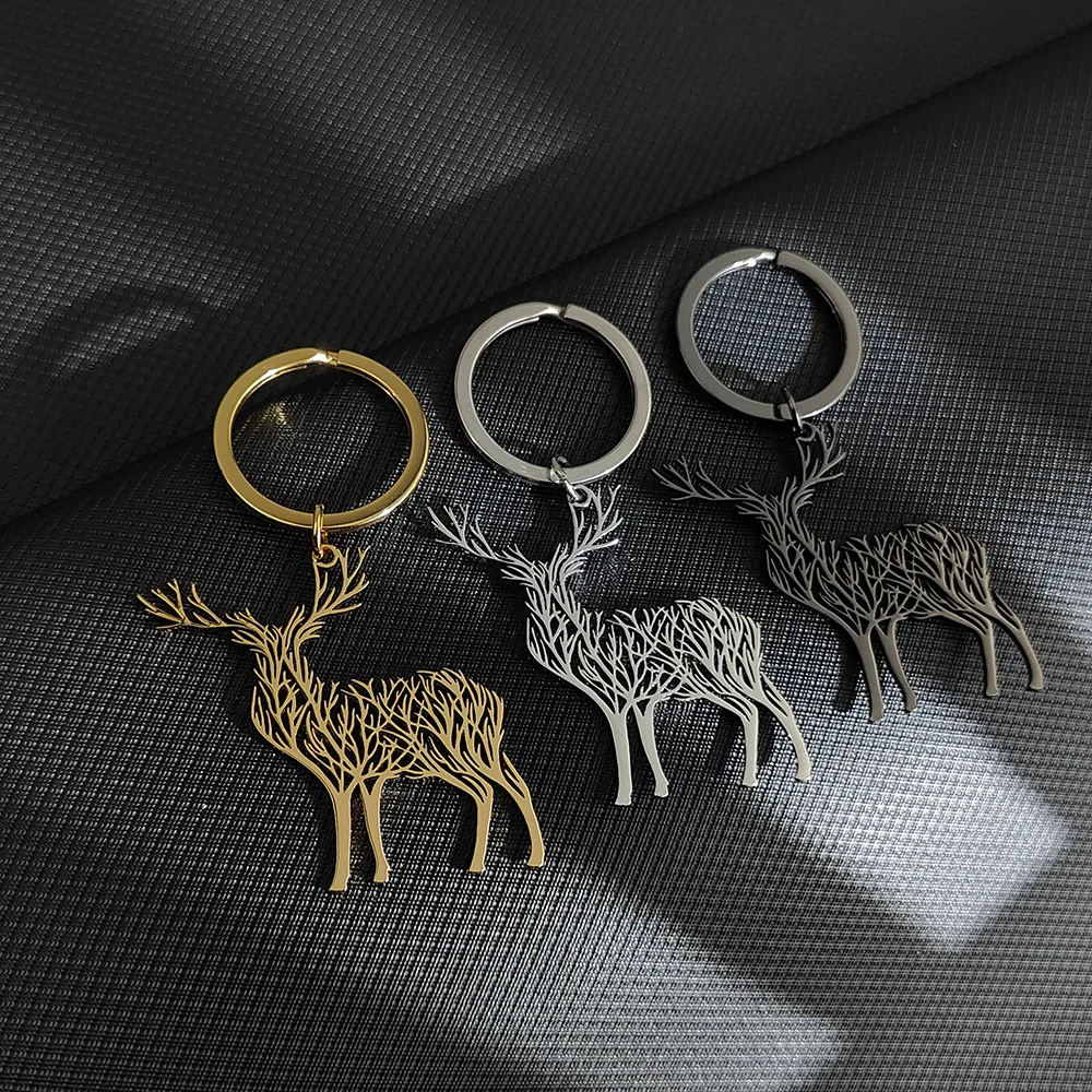 Creative branch sika deer gold-plated 18K stainless steel pendant, waterproof and non-fading keychain, school bag pendant