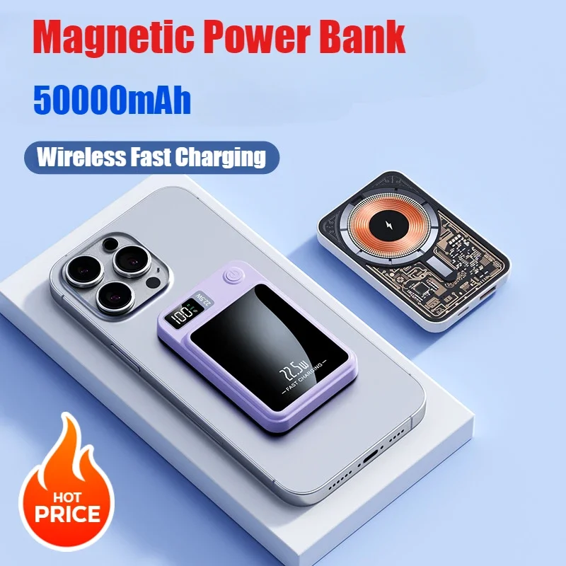 

Battery Charger Cases MagSafe Transparent Wireless Magnetic Power Bank 50000mAh Large Capacity for iPhone Samsung Huawei Xiaomi