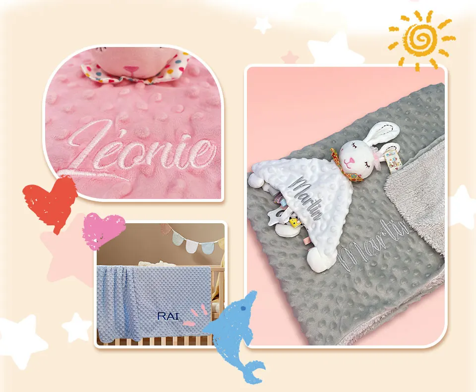 Personalisierte Neugeborenen-Babydecke mit Namen, Maßgefertigtes Dot-Minky-Kinderwagen-Pucktuch-Set, Sicherheitstuch, Babyparty-Geschenk für Jungen – Detail 12