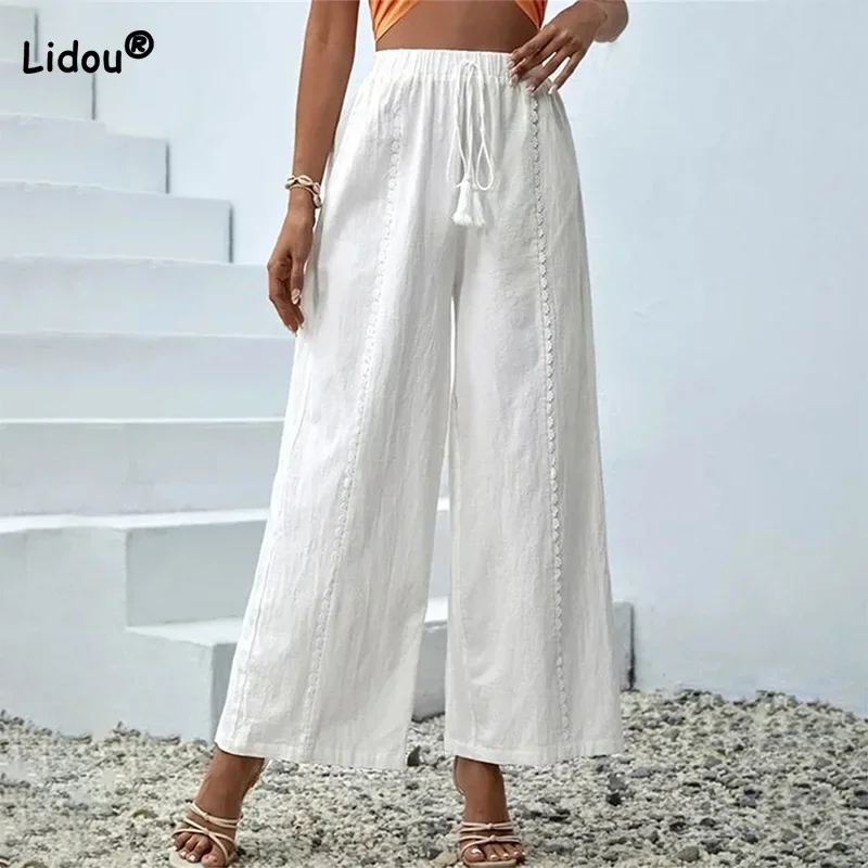 Spring Summer Women's Clothing Literature and Art Vintage Black White Loose Crumpled Casual Tassel Nine Points Wide Leg Pants