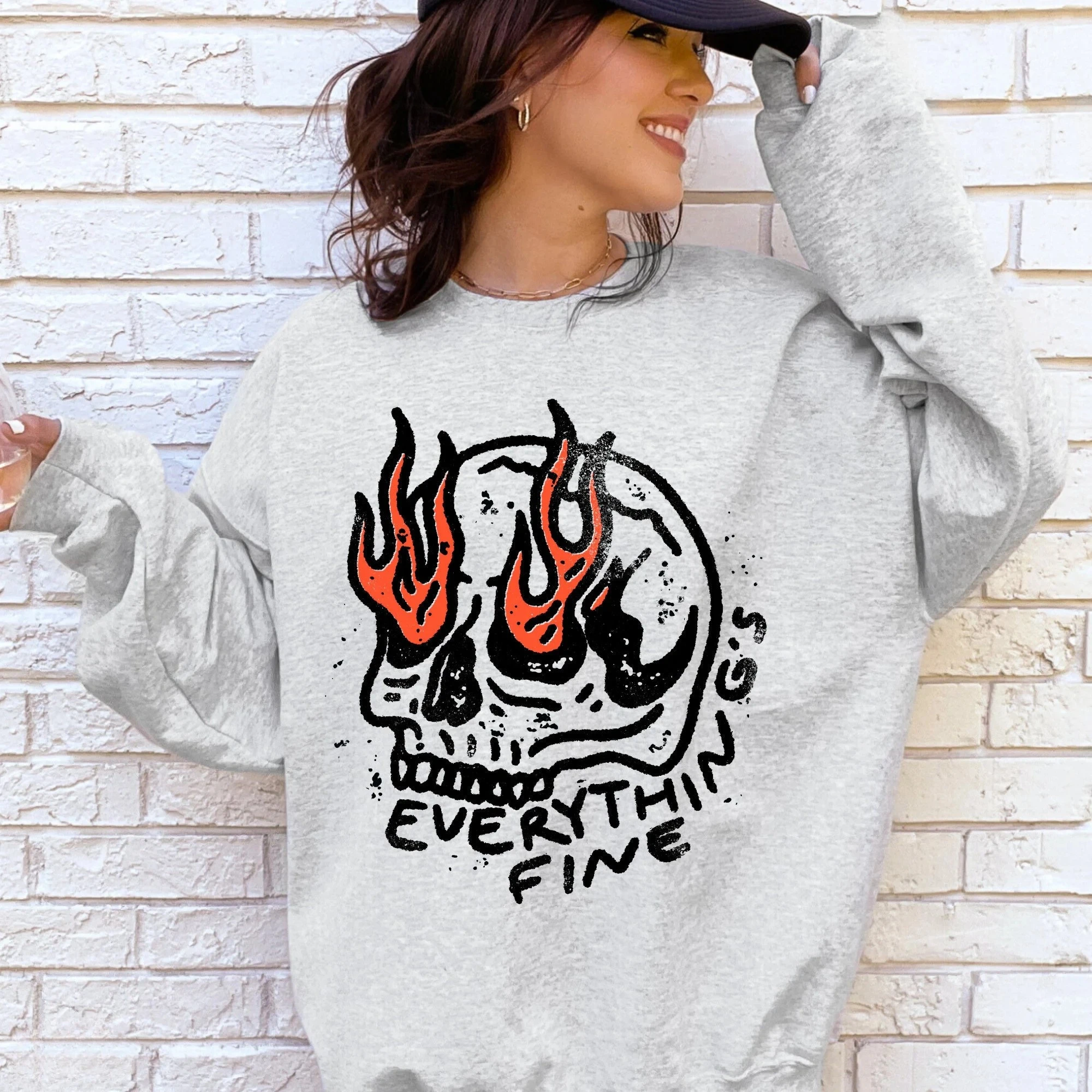 Todo es bien Sudadera Vintage Gráfico Cráneo Camisa unisex Retro Oversize Grunge Sudadera de moda