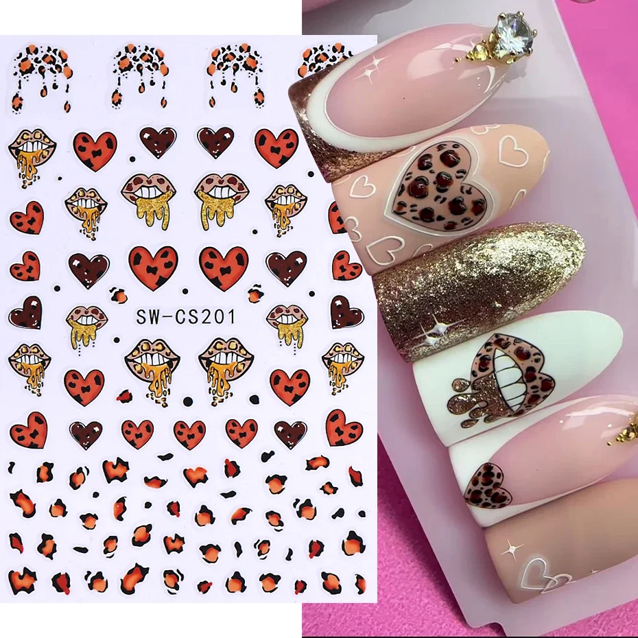 3D Leopard Pink Lips Nail Sticker Gradient Hollow Heartbeat Love Letter Rose DIY Valentines Slider Manicure Art Decoration Tips