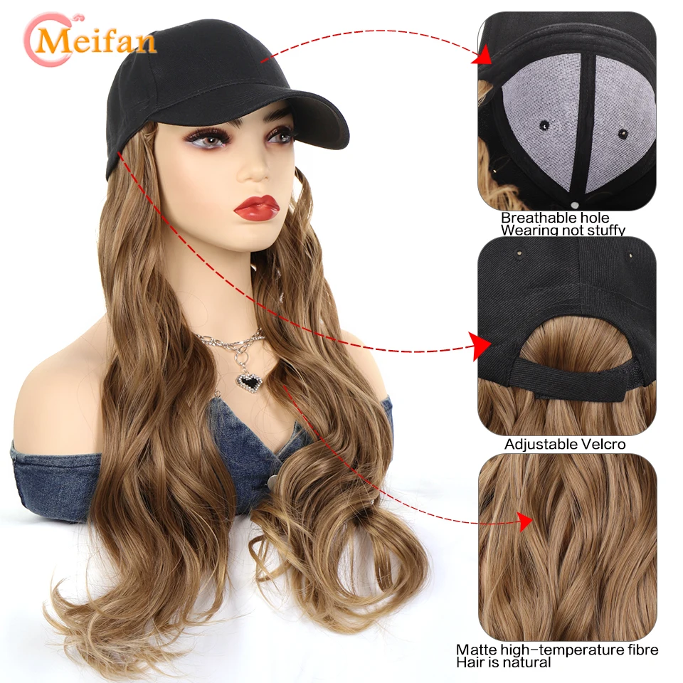 MEIFAN Long Wavy Synthetic Wig Baseball Cap with Hair extensions Hat Wigs Bone Black Natural Connect Wig Adjustable for women