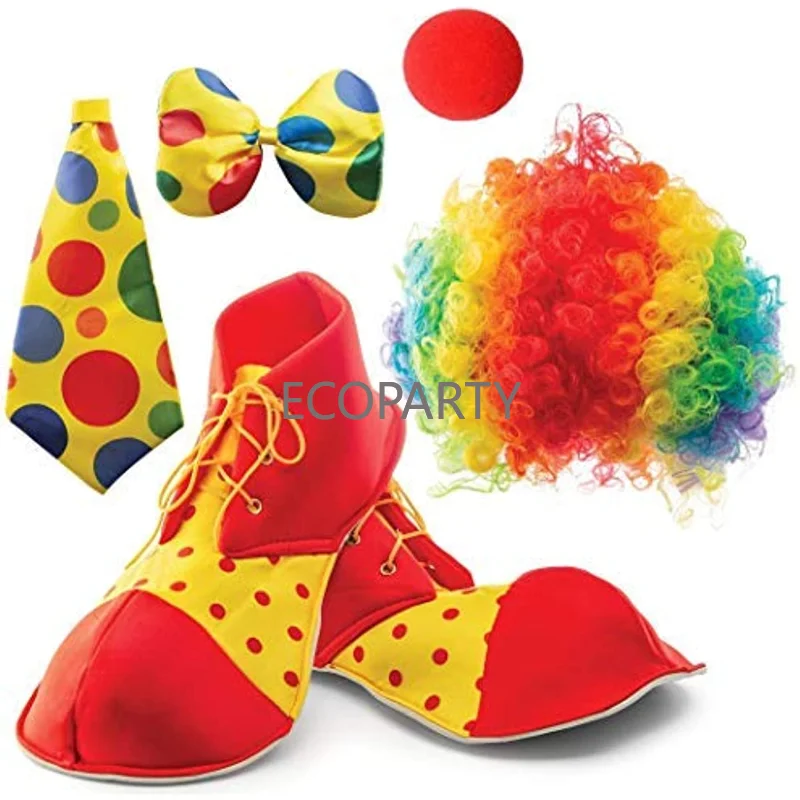 Costume da pagliaccio impertinente Set parrucca cappello naso papillon scarpe accessori per bambini adulto Halloween Party Circus Carnivals puntelli Cosplay