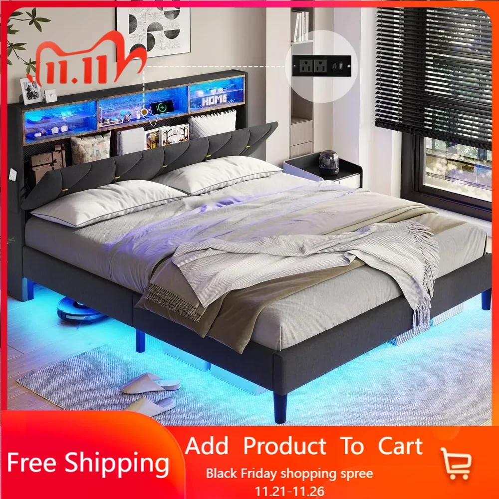 Bed Frame with Outlets and USB Ports, LED Bed Frame  with Storage Headboard, Upholstered Platform Bed with Shelf