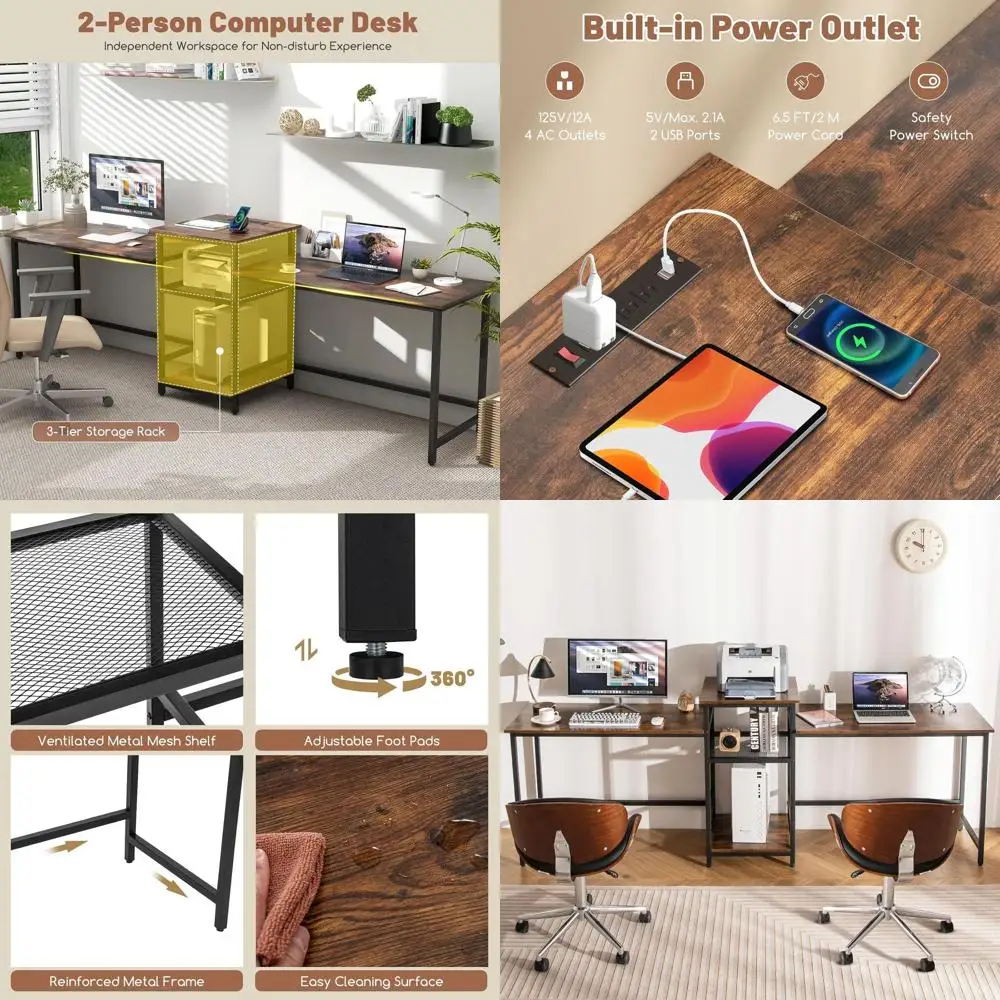 

Extra Long 2-Person Rustic Brown Computer Desk with Power Outlet, Home Office Workstation, Printer Stand, Metal Mesh Shelf, and
