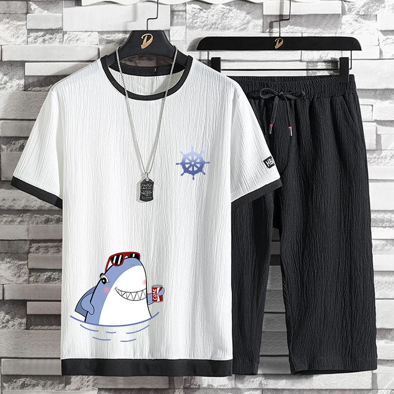 

Повседневный комплект для мужчин: корейская футболка в студенческом стиле и брюки 7/8 для подростков, весенне-летний наряд