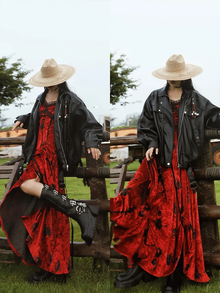 TIYIHAILEY Dresses Sleeveless Women Autumn Winter Printed Velvet New Fashion 2025 Strap Dresses Ladies Maxi Red Big Hem Lace