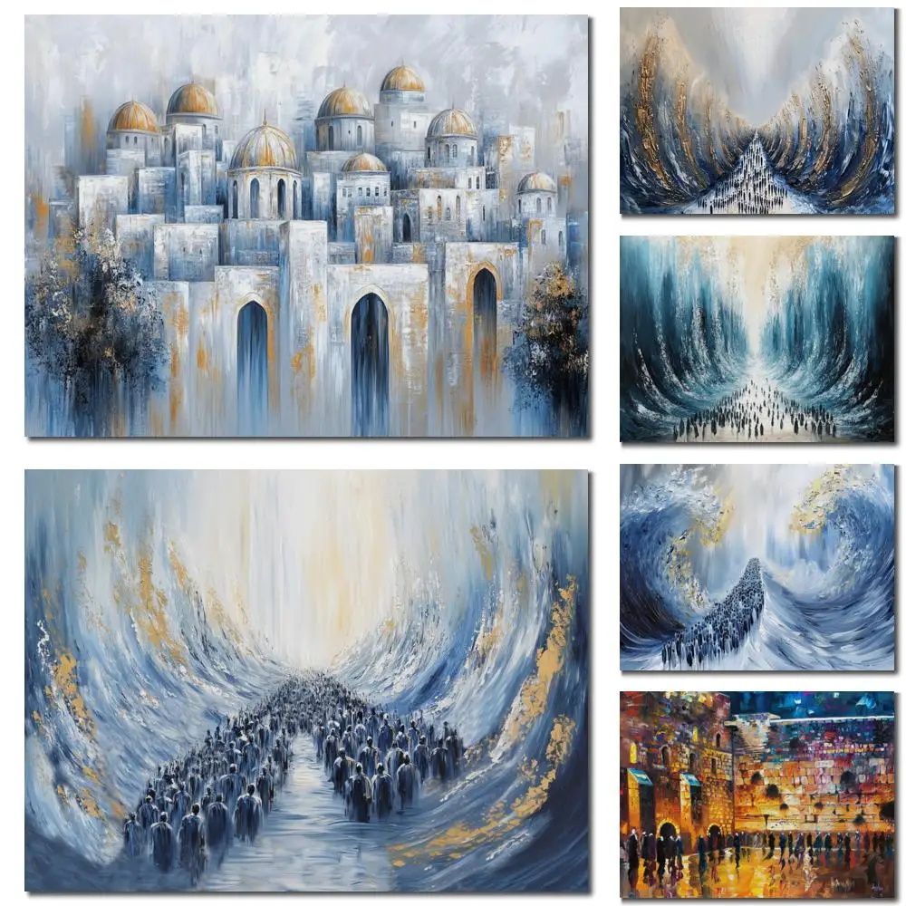 

Gold Textured Judaic Canvas Art Splitting Sea Handpainted Abstract Jerusalem Painting Modern Landscape Artwork Home Office Decor
