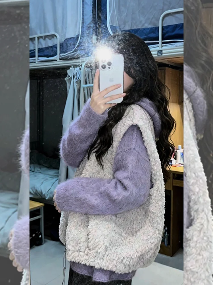 Korean Sle Lazy eepskin Vest Women's Svel Jaet Autumn Winter New High-End Versatile Top Commute Faion Polyester...