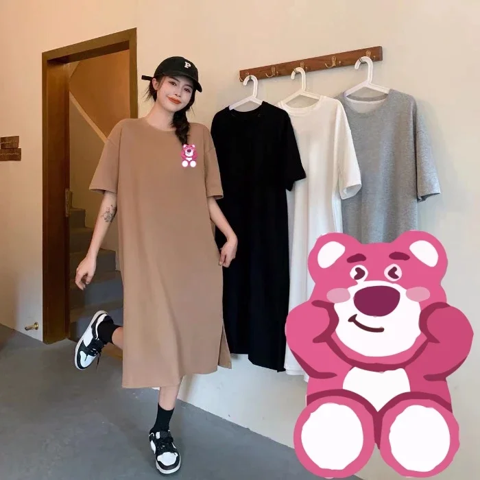 Miniso Strawberry Bear T-shirt Skirt Cartoon Lotso 40-90kg Loose Leisure Style Lone Brown Colours Shortsleeved Soft Uniquedress