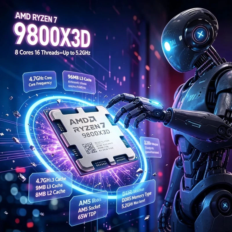 AMD 9800X3D Ryzen 7 Processor 96MB L3 Cache 5.2GHz Max Boost 8-Core 16-Thread AM5 DDR5 4NM 120W Desktop Gaming CPU No Fan