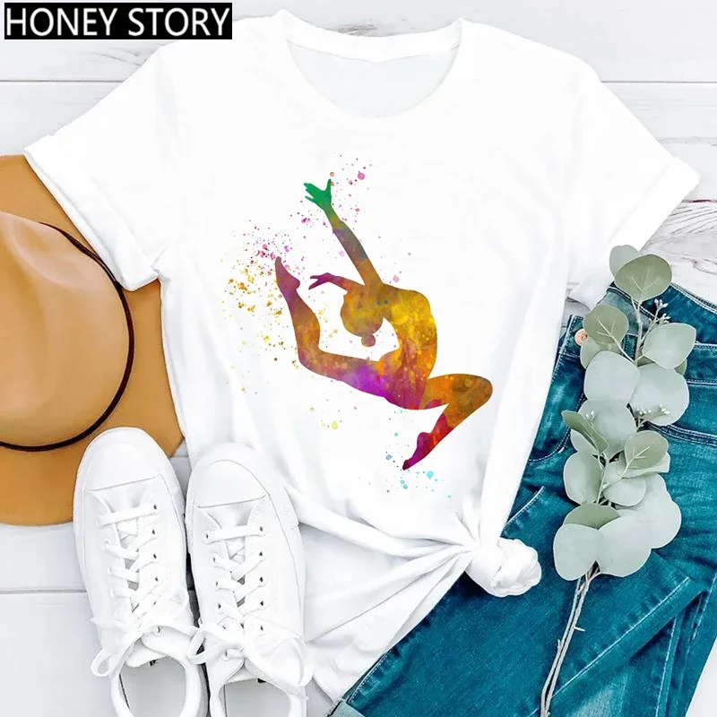 Gimnastyka baleriny tancerz T Shirt akwarela gimnastyczna tancerka baletowa koszulka z nadrukiem damskie koszulki z nadrukami estetyczne ubrania — zdjęcie 7