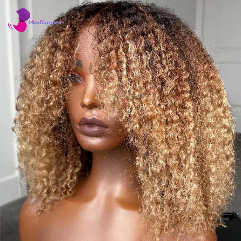 Curly Afro Wig Black Roots Honey Blonde Curly Wig For Black Women Human Hair Afro Kinky Curly Lace Front Wig Frontal Wig 360