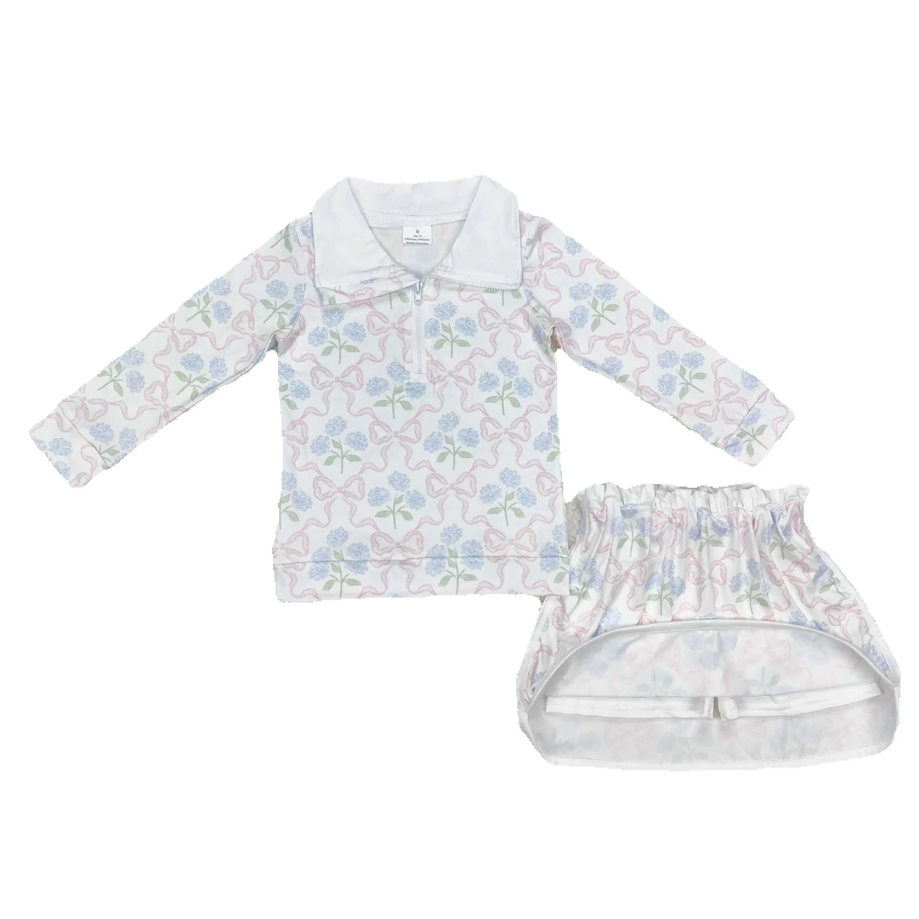 

Wholesale Toddler Baby Girl Floral Outfit Infant Long Sleeves Bows Zipper Shirt Skorts Shorts Skirt Children Kids Clothes Set