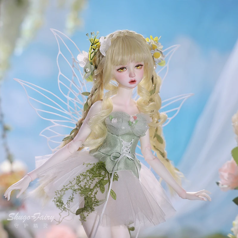 BJD 인형 1/4 펄 D 풀세트 (날개 포함) 플로럴 요정 디자인 풍만한 몸매 코티지코어 정원 의상 이상적인 수집가 선물 슈가파