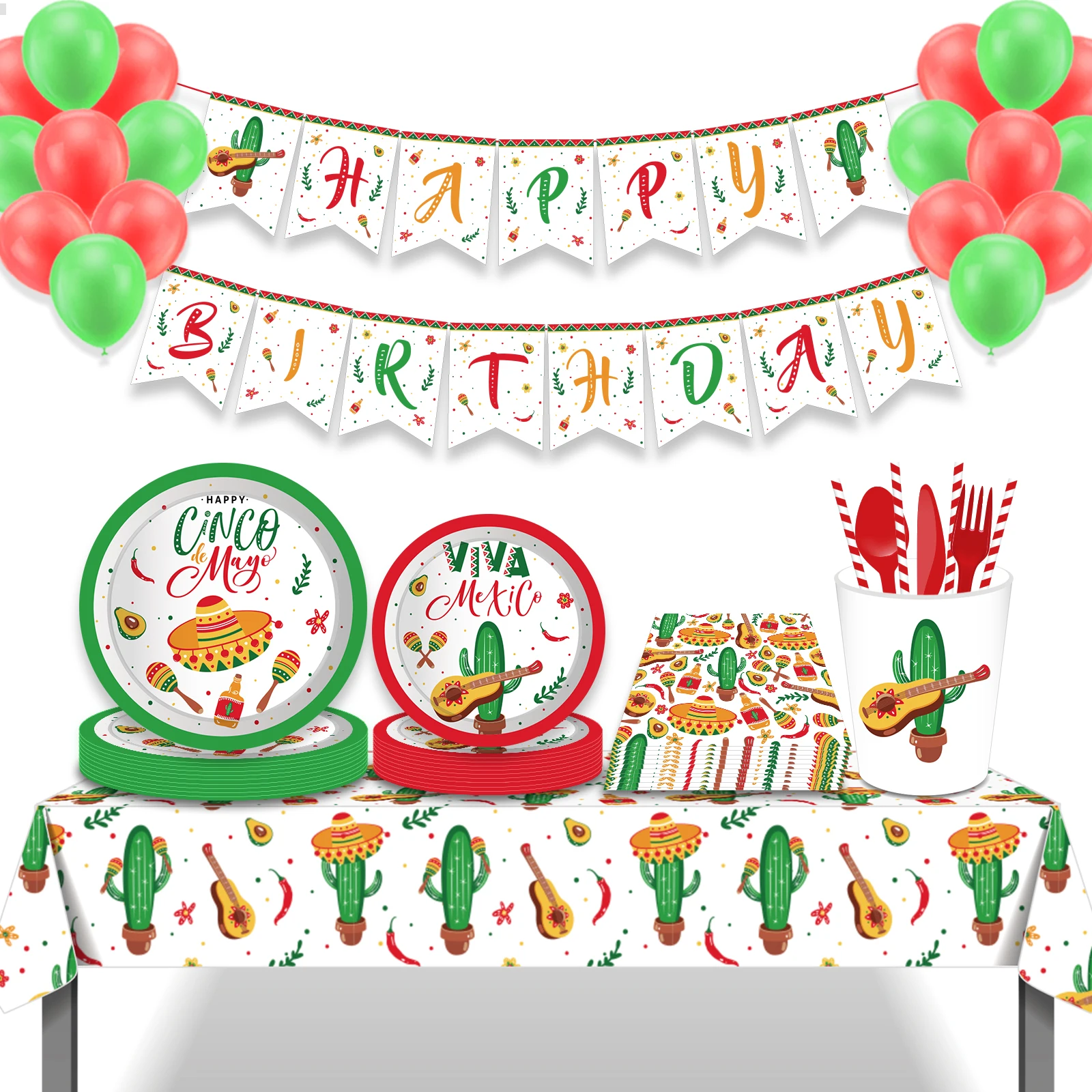 Mexikanischer Kaktus, Einweggeschirr-Sets, Geburtstagsdekoration, Tischdecke, Tassen, Servietten, Teller, Banner, Babyparty, Partyzubehör