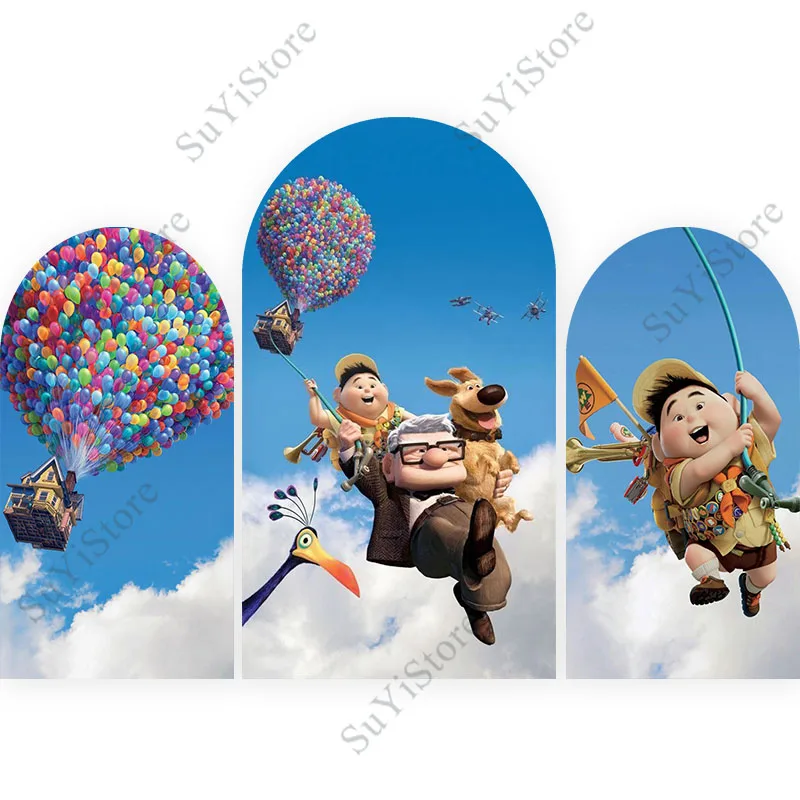 

Pixar UP Arch Photography Backdrop Kids Birthday Party Arched Wall Carl And Russell Flying In The Sky Photo Background