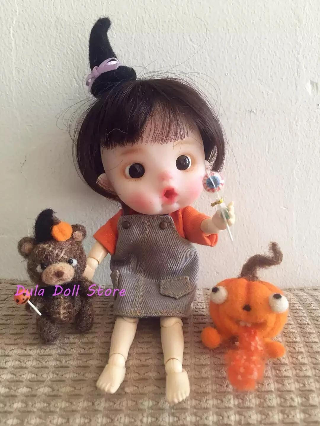 Dula Doll Handmade Wool felt Halloween bear pumpkin hugging doll for Blythe Qbaby ob11 gsc Azone Licca ICY JerryB 1/6 Bjd Doll