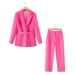 PB&ZA 2024 Spring New Women's Slim Fit Commuting Versatile Belt Decoration Suit Coat and Small Foot Trouser Set