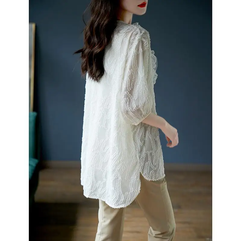 Summer New Solid Color Fashion Short Sleeve Blouse Women High Street Casual Loose Pullovers Embroidered Flares Lace Chic Tops