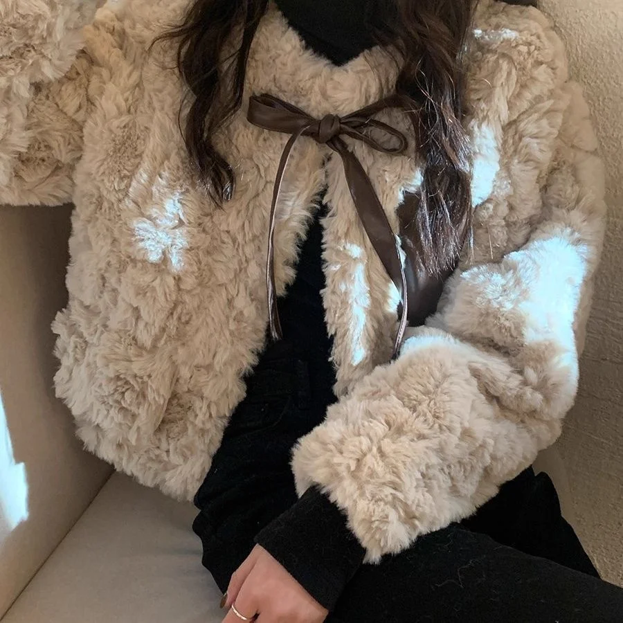 Faionable Korean Sle ort Thiened Lamb Fur Jaet Women's Autumn Winter Plu Rabbit Fur Skin Coat Cact Size