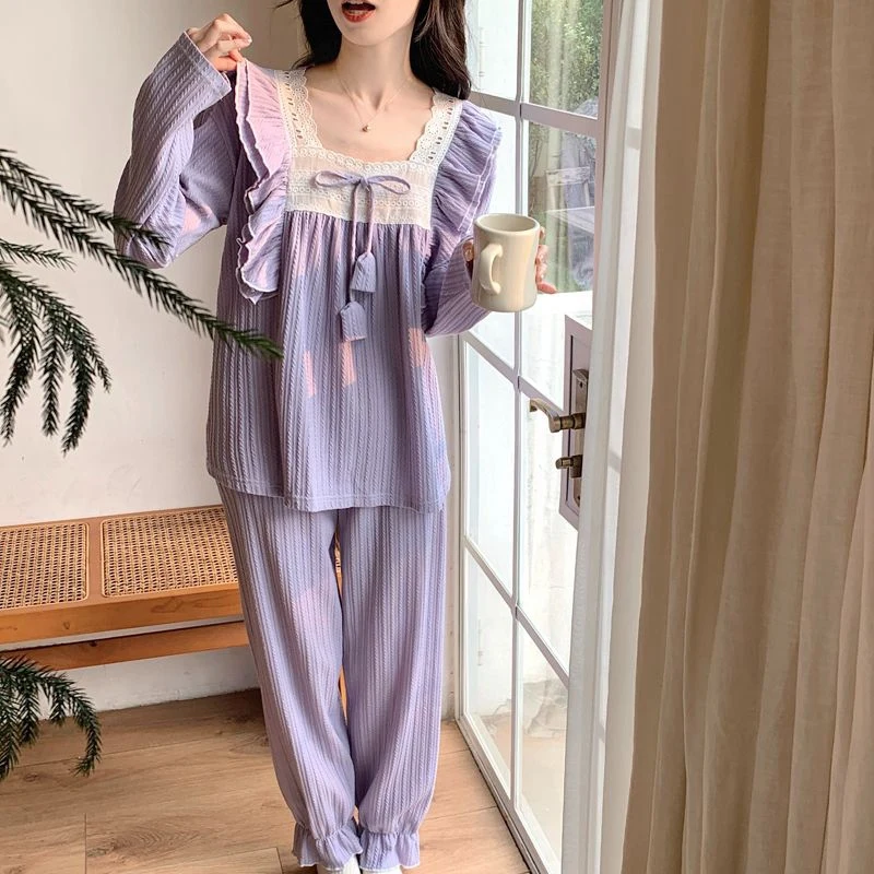 2025 Autumn Long Sleeve Sweet Princess Cotton Pajama Sets for Women Korean Sleepwear Pyjama Homewear Pijama Mujer Home Clothes