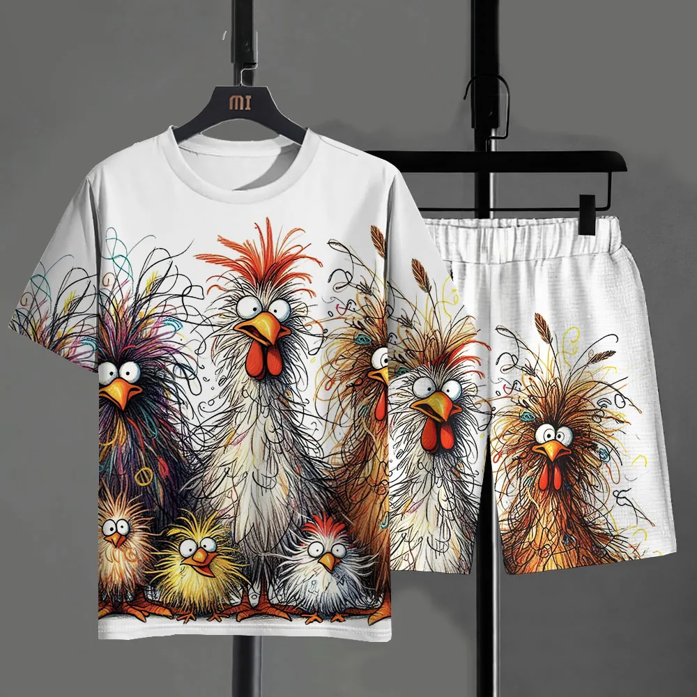 

2025 Funny Men's T-shirt Pants Set Cartoon Chicken Print Summer Casual Short Sleeve Pullover Outdoor Male Clothing Ropa Barata