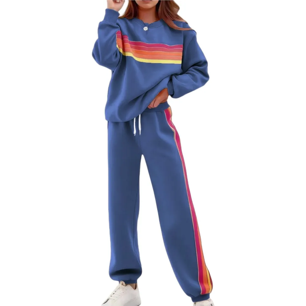 Casual O Neck Sweatshirt Color Blocked Long-sleeved Women's Suit Autumn Winter New Loose Foot Sports Trousers 2piece Set Female