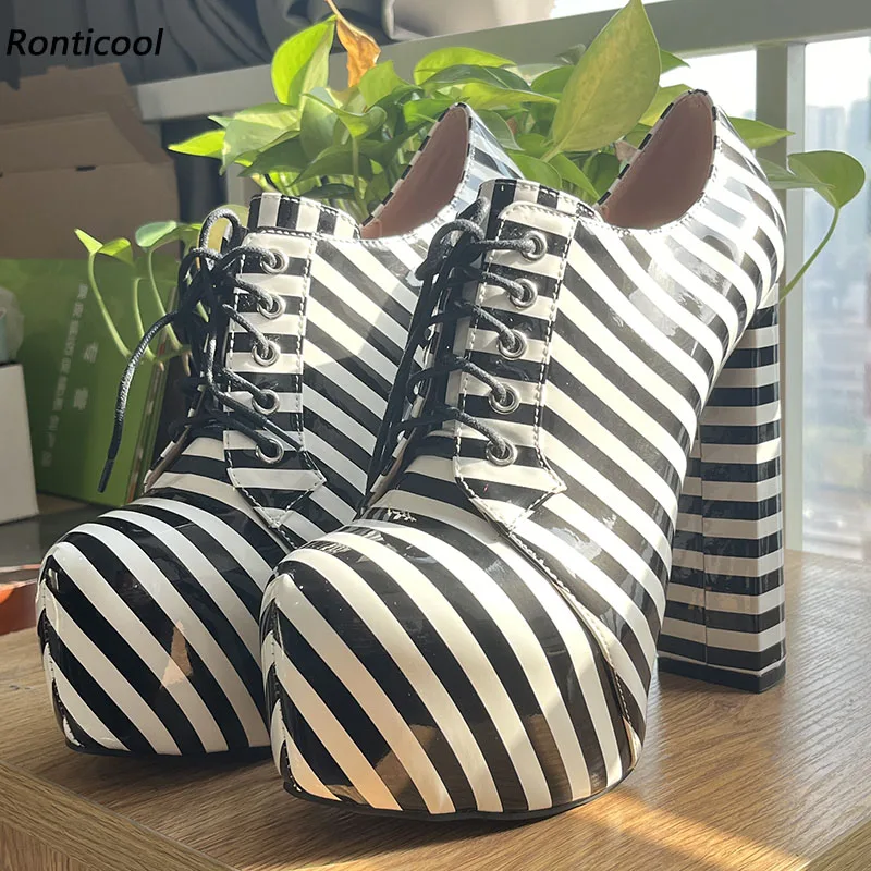 

Ronticool женские блестящие туфли-лодочки ручной работы на платформе, элегантные черные туфли на высоком каблуке с круглым носком, вечерние туфли в черную полоску, размер США 5-20
