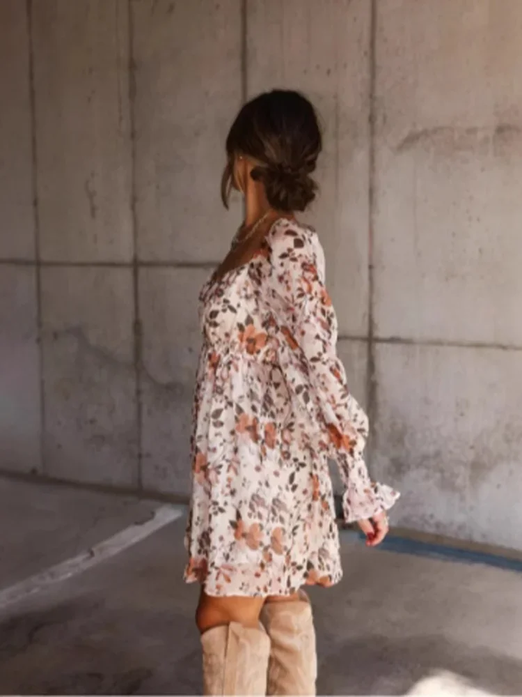 فستان نسائي كاجوال برقبة على شكل حرف V وأكمام طويلة وطبعة زهور، فستان ربيعي أنيق وعصري أنيق للتنقل #4