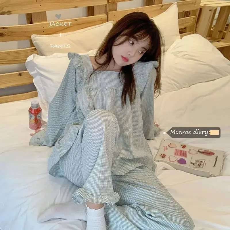 New Pajamas Female Korean Set Korean Pajamas Homewear Sweet Ins Wind Princess Style Ruffled Long-Sleeved Casual Homewear Set