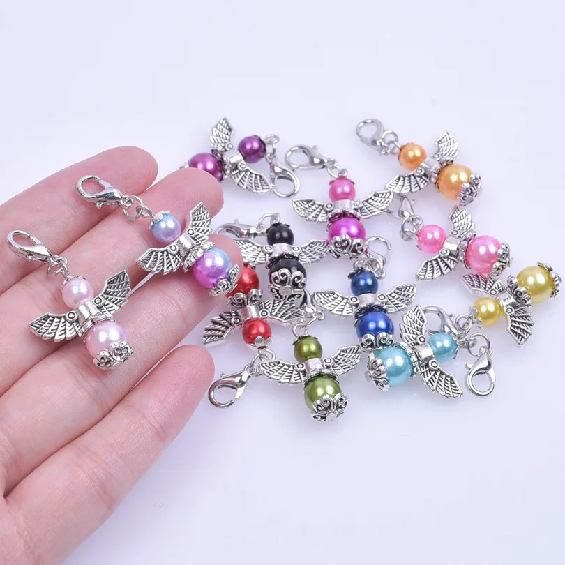 12pcs Guardian Angel Beads Wings Pendants Charms Handmade Lobster Clasp DIY Jewelry Making Baptism Bracelet Necklace Pendants