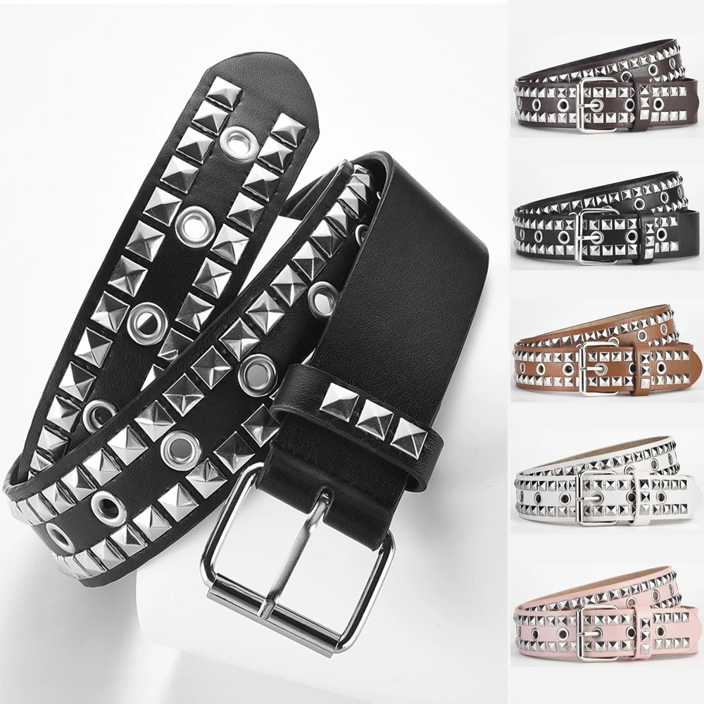 Women PU Leather Belts With Pyramid Studs Metal Punk Rock Square Bead Rivet Belt Men Threads Studded Goth Decorative Waistband