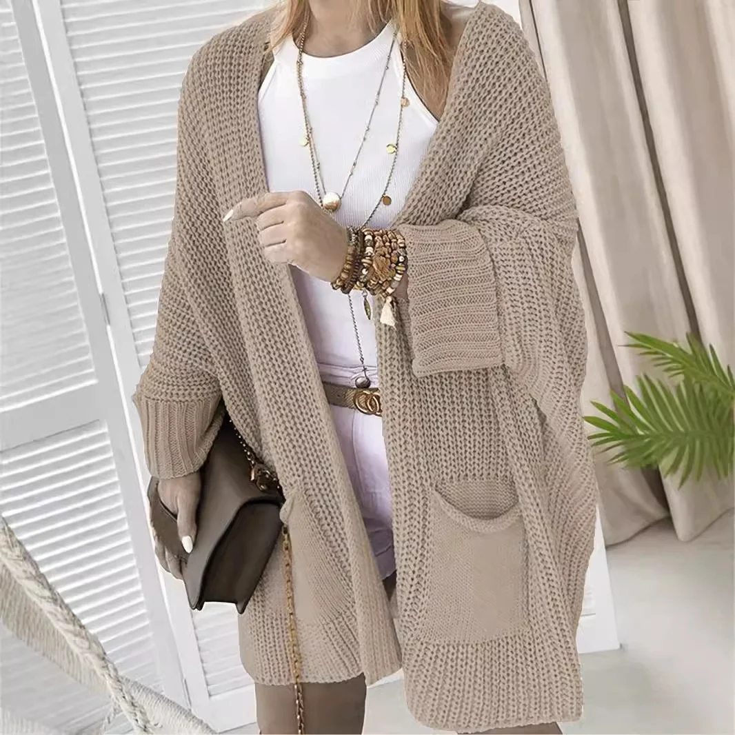 

Mid-Long Cardigans Knitted Womens Spring Knitshirts Raw Stretchy Cardgian Lapel Half-Neck Boho Loose-Fit Patchworked Lace Tender