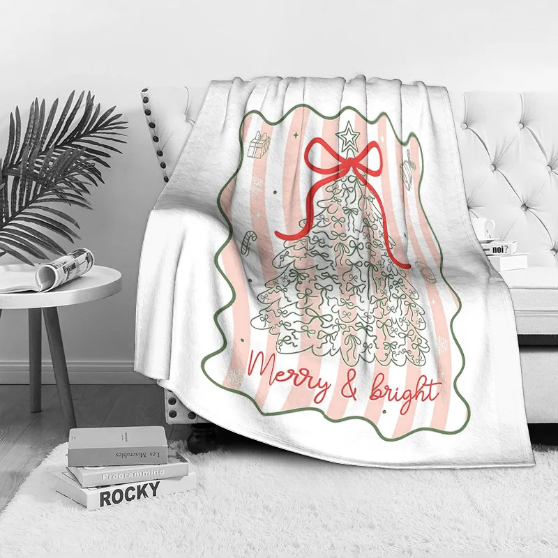Merry Bright Christmas Tree Fleece Blanket, Hand-Drawn Style with Pink Border and Red Bow, Soft Plush Throw for Holiday Decor