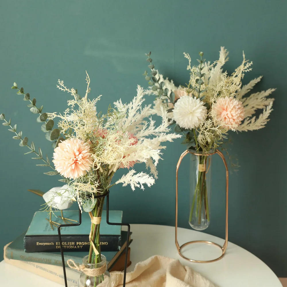 Ramo de flores artificiales europeas para decoración de fiesta en casa, ramo de boda de 38cm, flor falsa híbrida de eucalipto de seda de diente de león