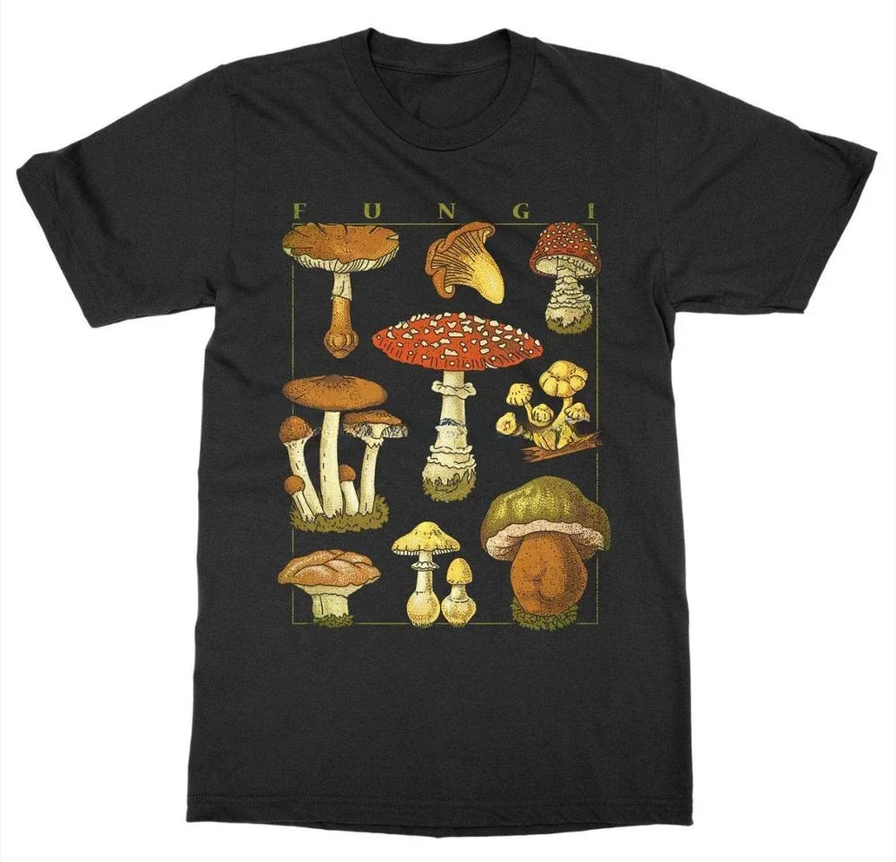 Newest Letter Print Cartoon Crazy T Shirts Mushrooms T-Shirt Funghi Fungus Botanical Garden Plant Print Art Fruit Flower