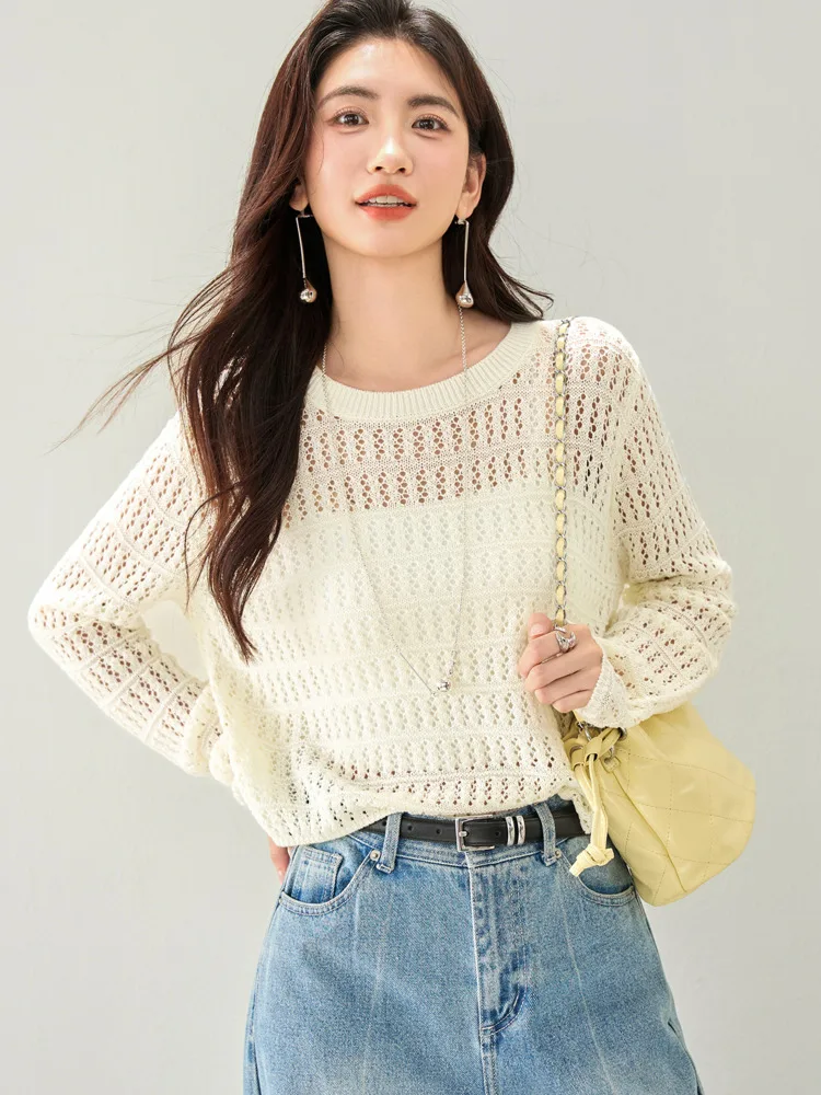 

2025 Early Autumn Lady Fashion Casual Loose Long Sleeve Hollow Out Pullover Knit Sweater Elegant Top For Women Lazy Pull Femme