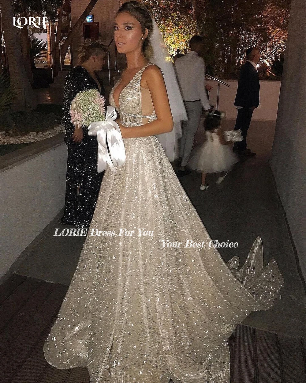 LORIE Spark-Robe de Mariée de Style Bohème, Coupe Basse, Col en V, Paillettes, Patients Brillants, Forme Trapèze