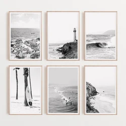 Black and White California Coastal Surfing Beach Lighthouse Seascape Poster Canvas Painting Wall Art Pictures Home Decor