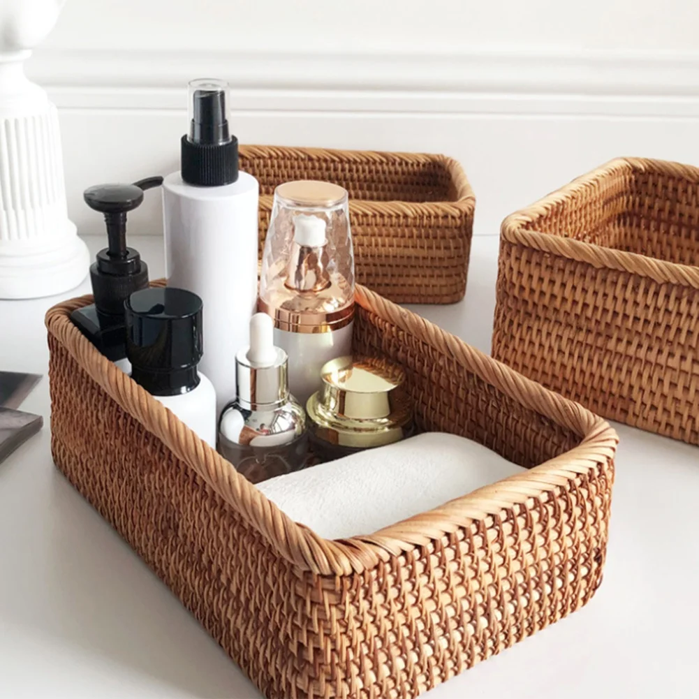 Hand-Woven Rectangular Rattan Wicker Basket Fruit Tea Snack Bread Picnic Cosmetic Storage Box Kitchen Household Tools-L