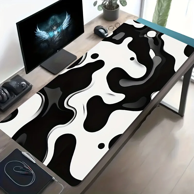Large Gaming Mouse Pad Black And White Fluid Art Abstract Design with Non-Slip Washable Rubber Base Desk Mat for Office Computer
