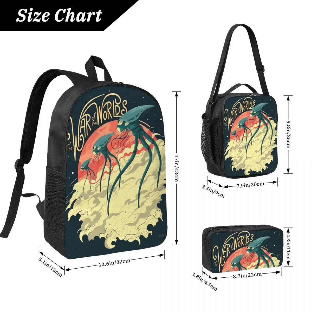War Of The Worlds Backpack Student Boys Girls BookBag School Bag Computer Shoulder Bags 3ps Insulated Lunch Bag Pencil Case